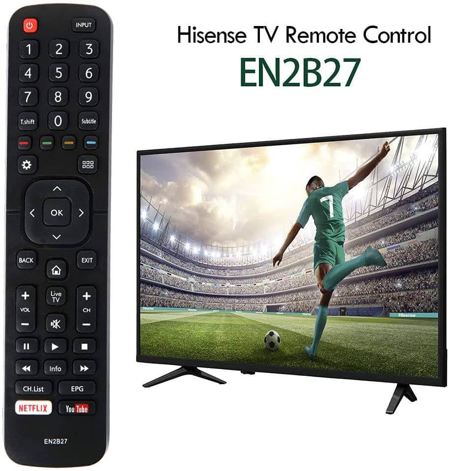 Hisense TV Remote Control EN2B27 with compatibility for various Hisense TVs, featuring an ergonomic layout and infrared connectivity.