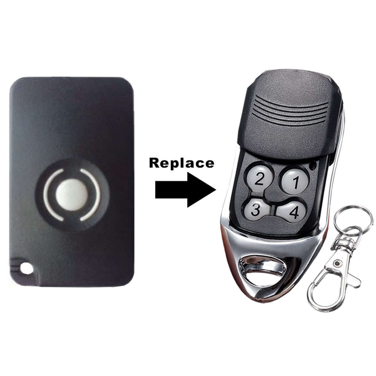 Alt Tag: HomEntry HE60 HE60R garage remote replacement kit including new remote and key ring