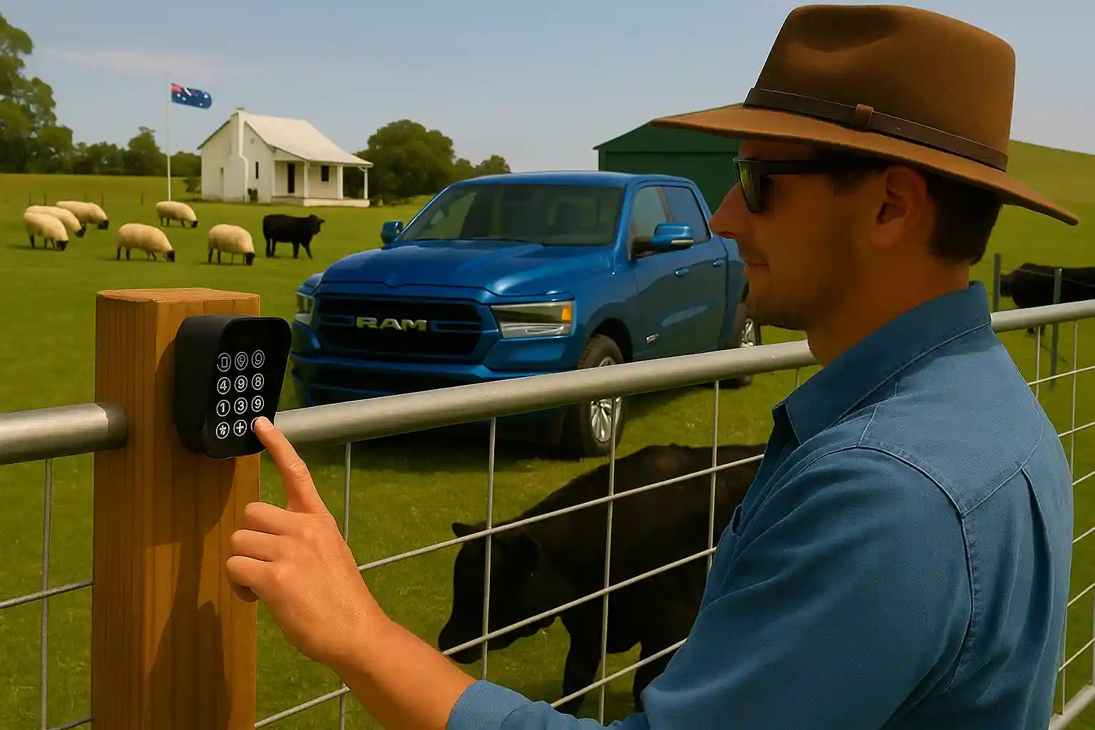 Wireless keypad on Australian farm gate with sheep, cows, warehouse, and remote-controlled gate opener system I Garageway