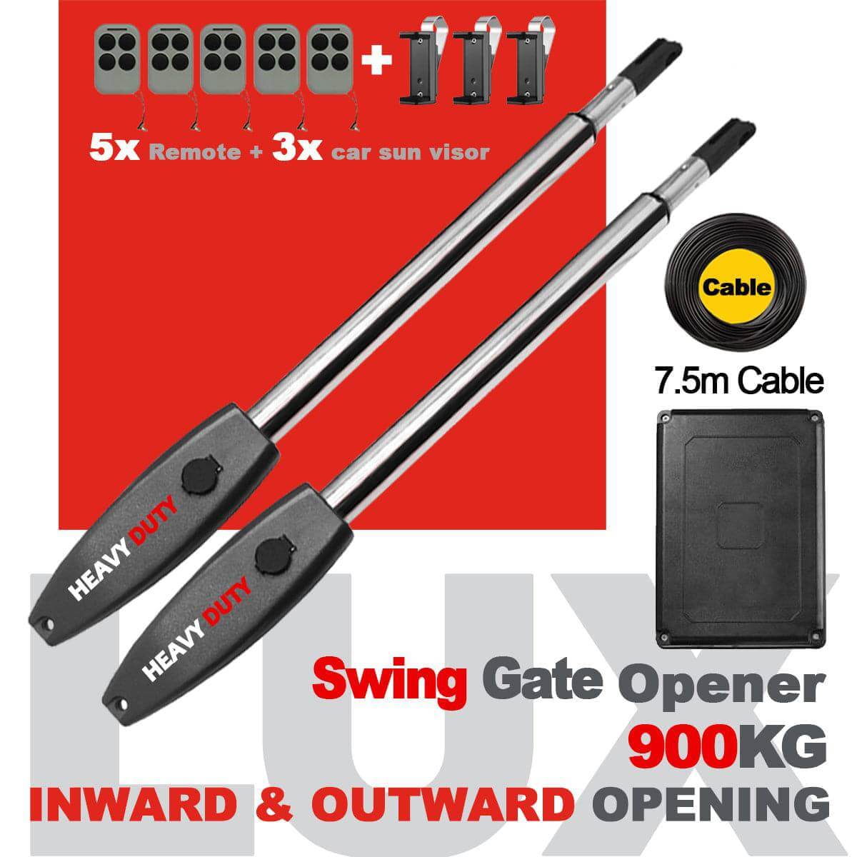 LUX heavy duty swing gate opener motor with two arms, remotes, cable, and control box for 900kg gates, ideal for garageway security.