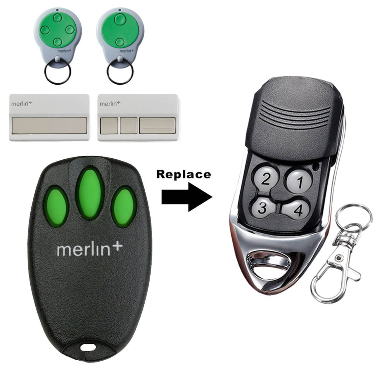 Merlin+ C945 replacement garage remote for compatible MGA600 and MGS500 models, featuring easy use and versatile control options.