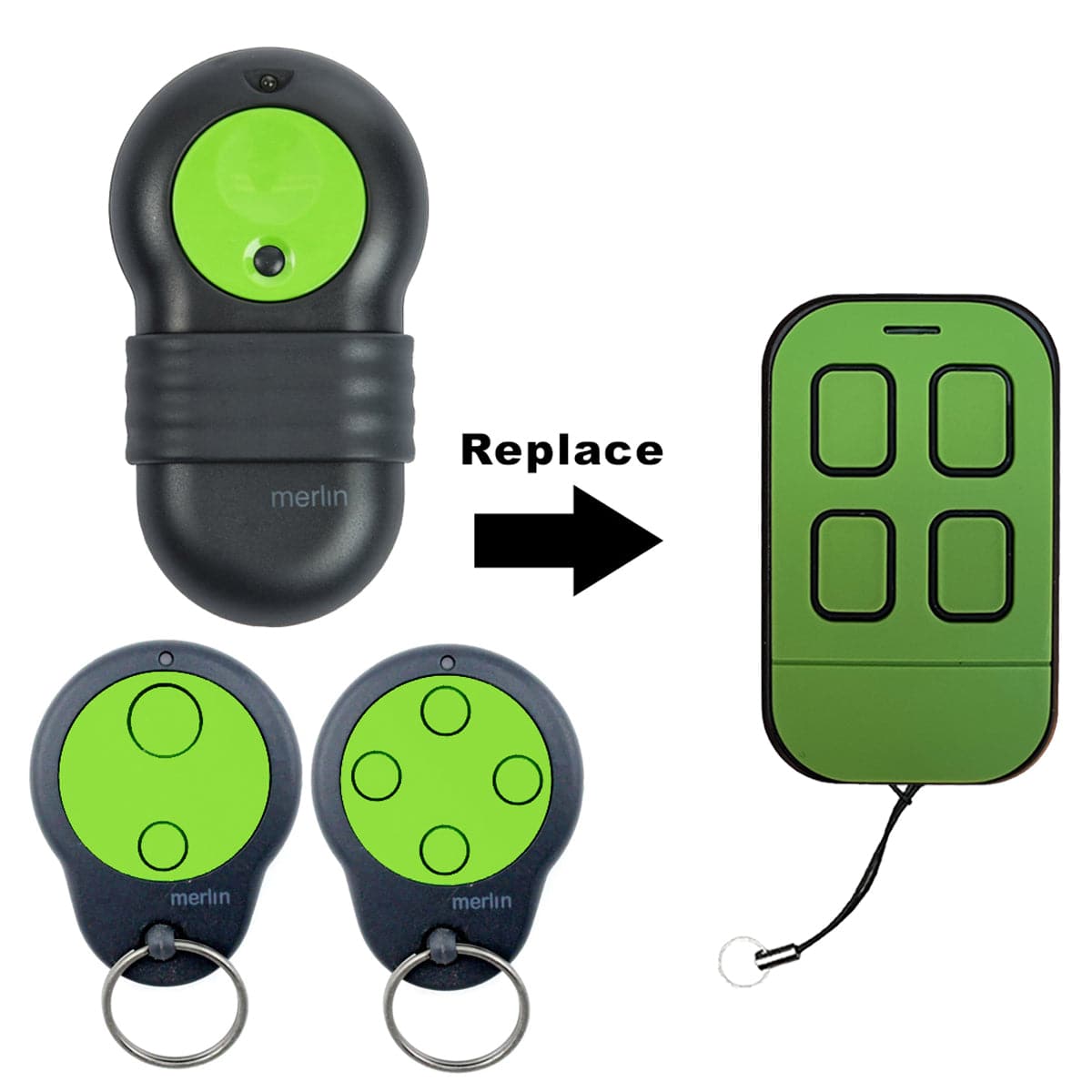 Merlin M842 compatible remote image showcasing the old remote next to new green models for easy replacement