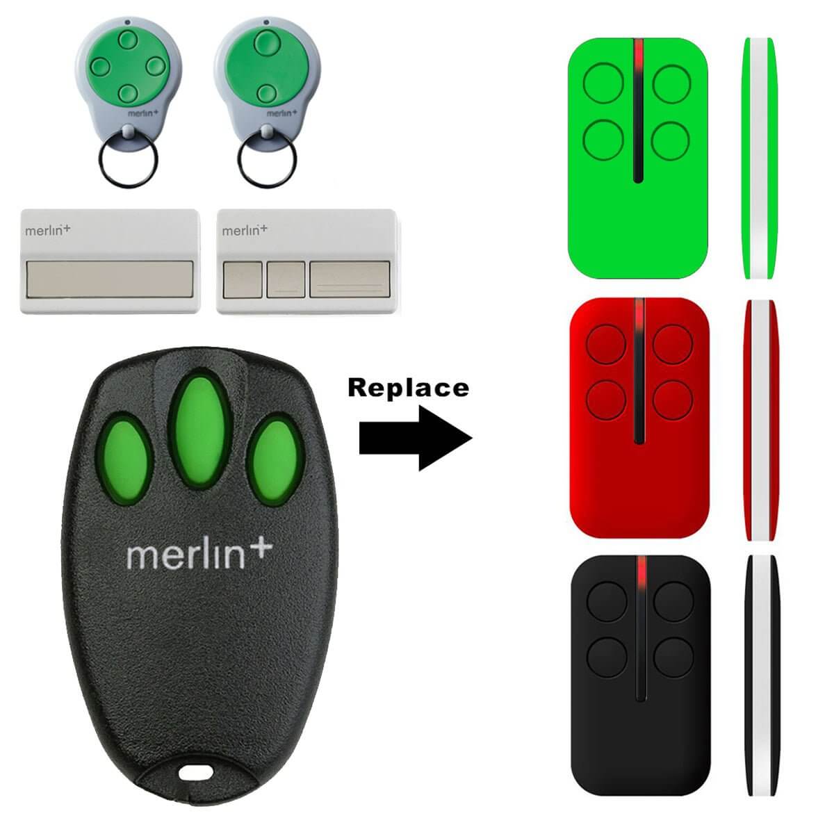 Merlin+ C945 CM842 C940 C943 replacement garage remote control with multiple compatible remotes displayed, ideal for Garageway products.