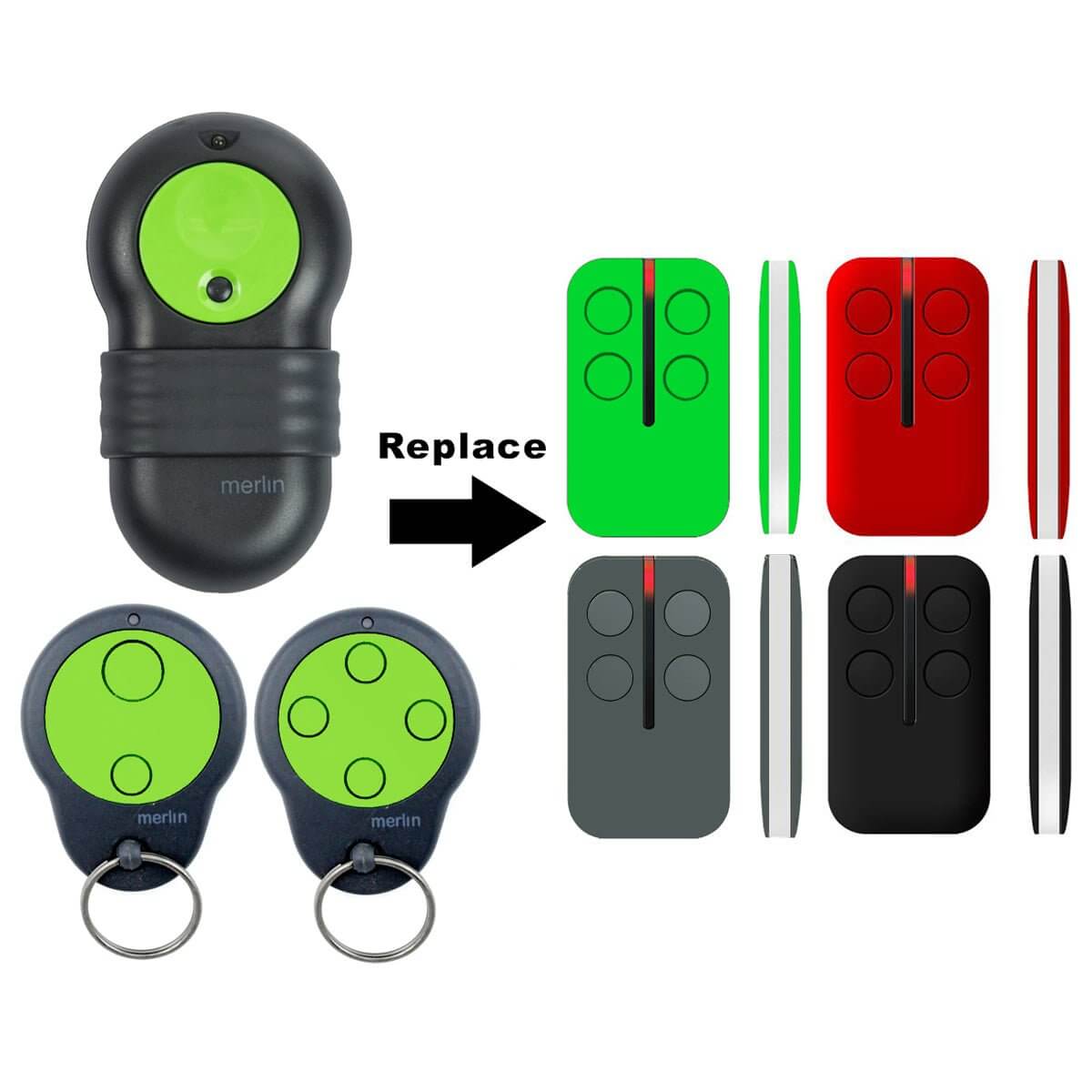 Merlin M842 replacement remote compatible with M230T, M430R, M832, M842, M844 models; not for M802 (blue), Merlin+, or pre-2001 motors.