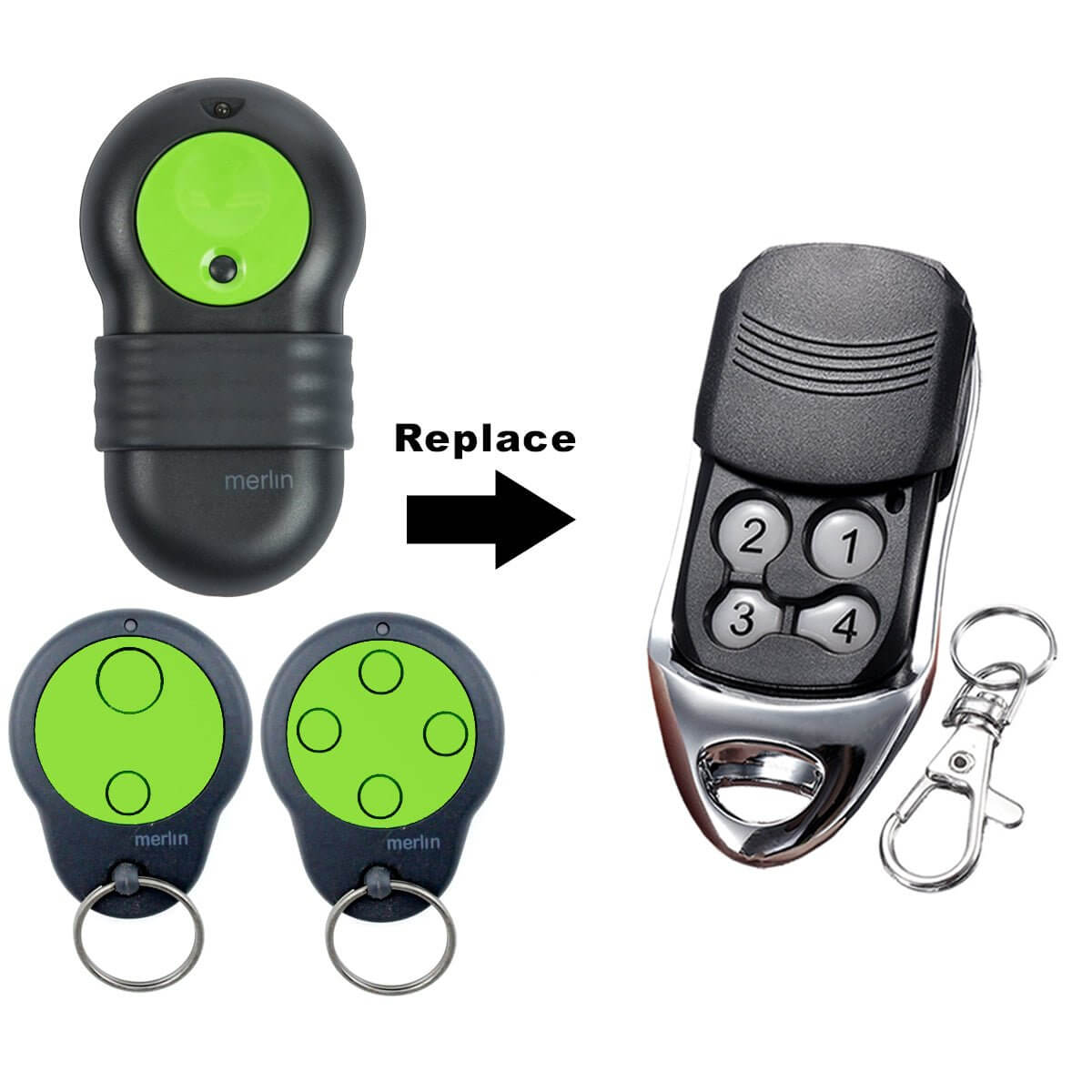 Merlin M842 compatible remote showing replacement for Prolift 230T and 430R garage remotes, featuring keychain and number buttons.