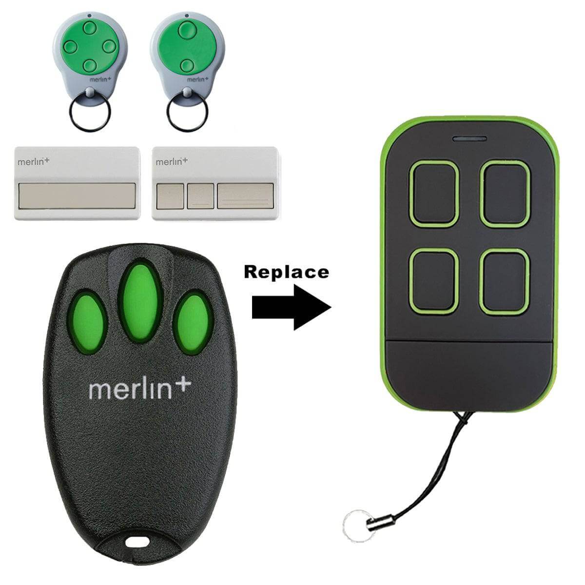 Merlin+ C945 Compatible Remote Control with various model replacements for garage and gate openers.
