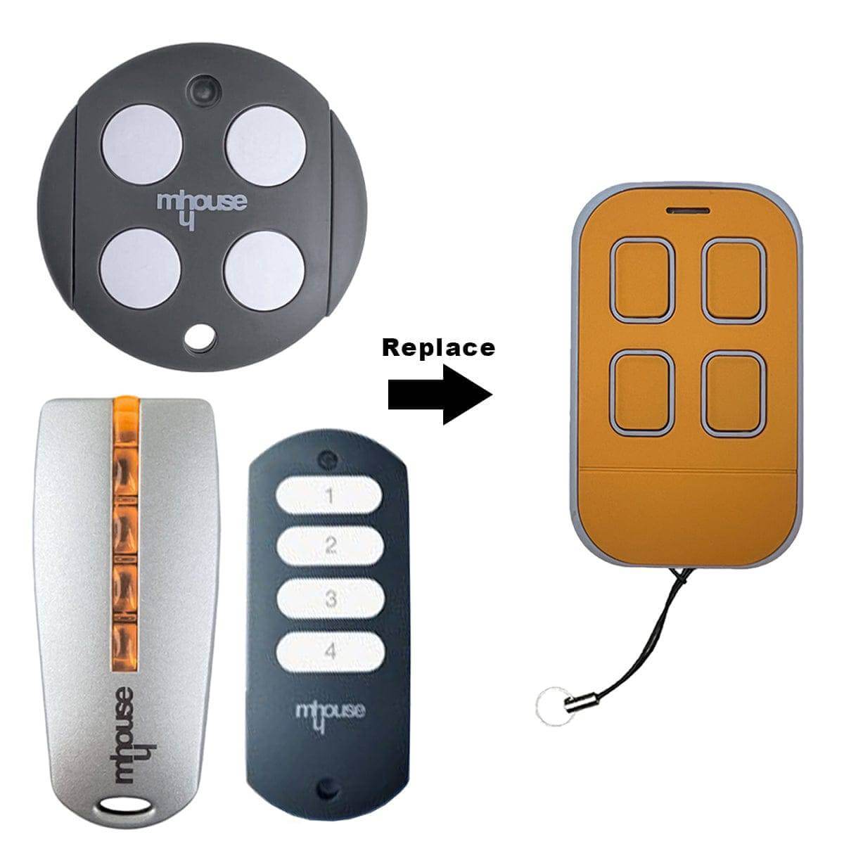 Mhouse compatible remote control with multiple models shown, includes 1 remote, battery, key ring, and instructions.