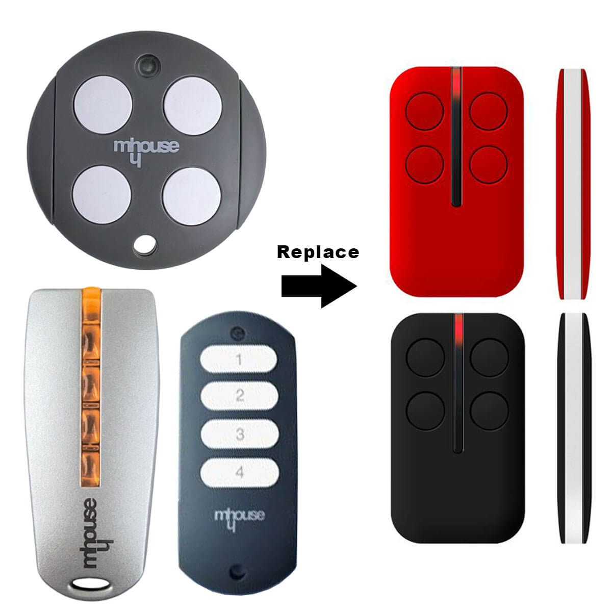 Mhouse MyHouse Replacement Remote TX4 TX3 GTX4 GTX4C 433.92mhz, compatible models, garageway included, with battery and key ring.