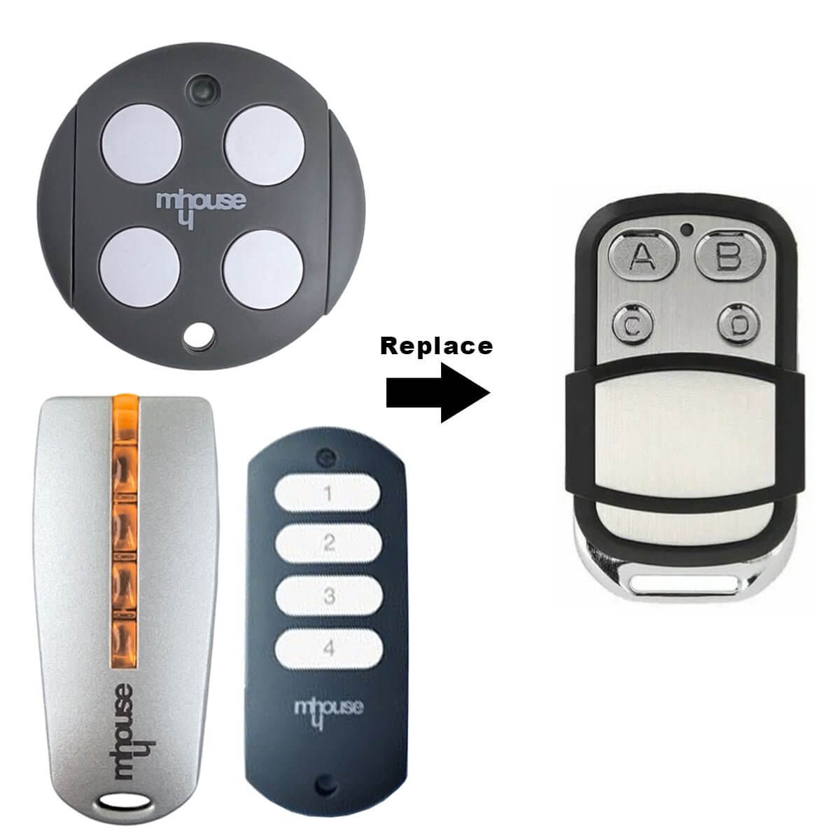 Mhouse compatible remote control for GTX4, GTX4C, TX3, TX4 models, including battery and key ring for Garageway systems