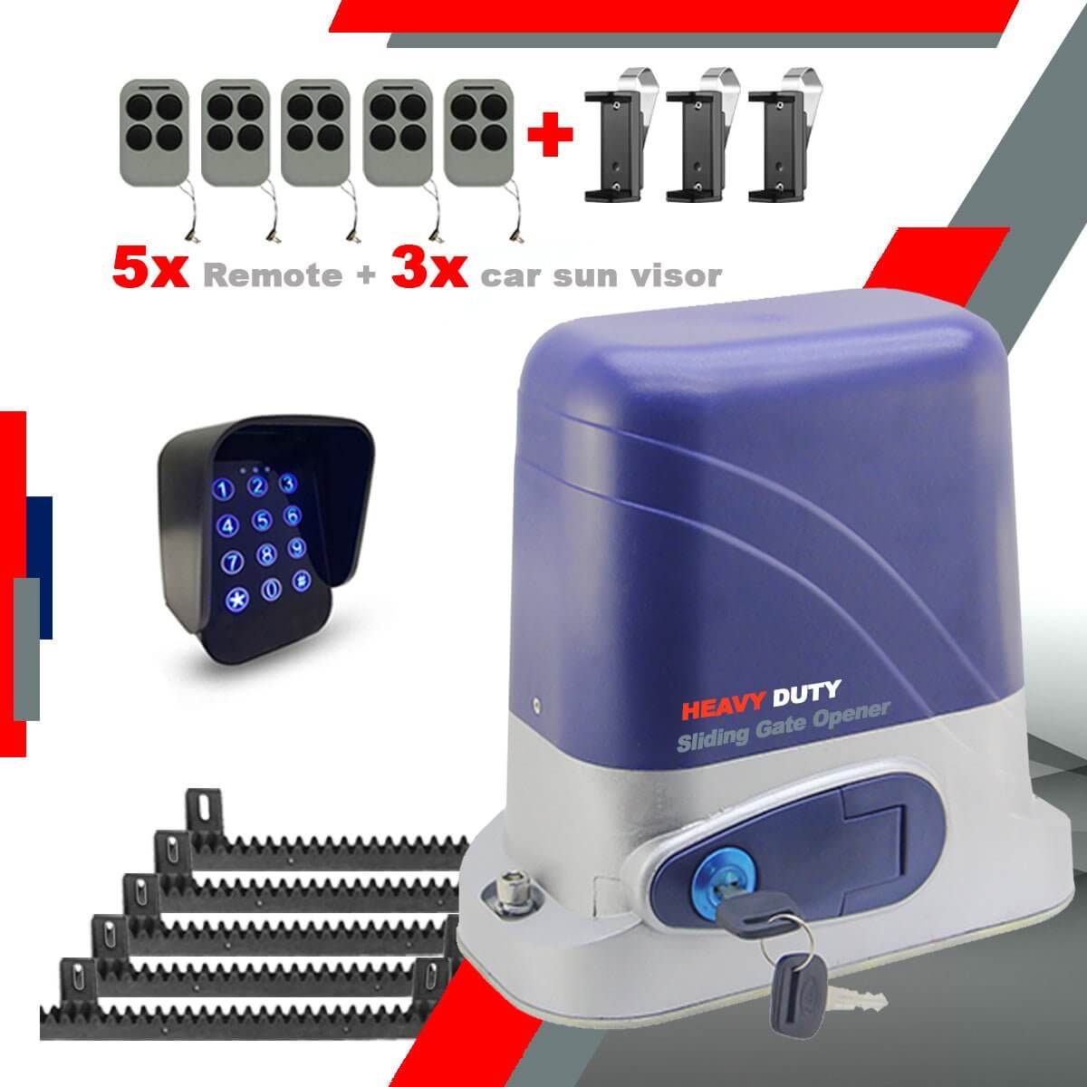 RITROX AC Sliding Gate Opener with 5 remote controls and 3 car sun visors for convenient access.