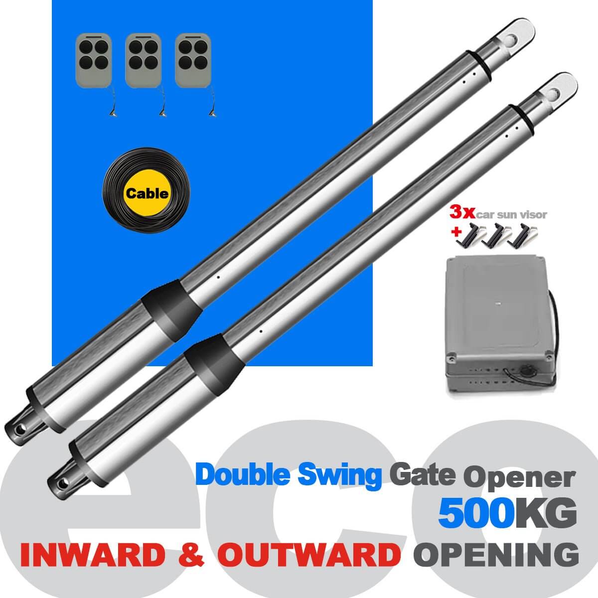 RITROX ECO Double Swing Gate Opener with remote controls, cable, and control box for garageway; supports up to 500kg gates.