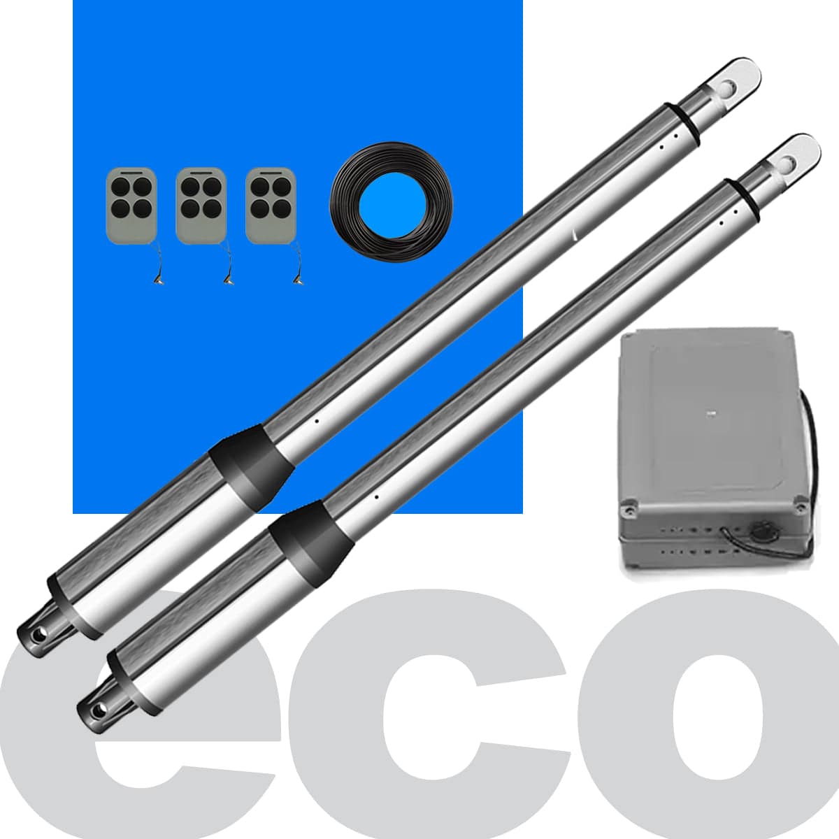 RITROX ECO Double Swing Gate Opener with swing arms, remote controls, and waterproof control box for Garageway gates.