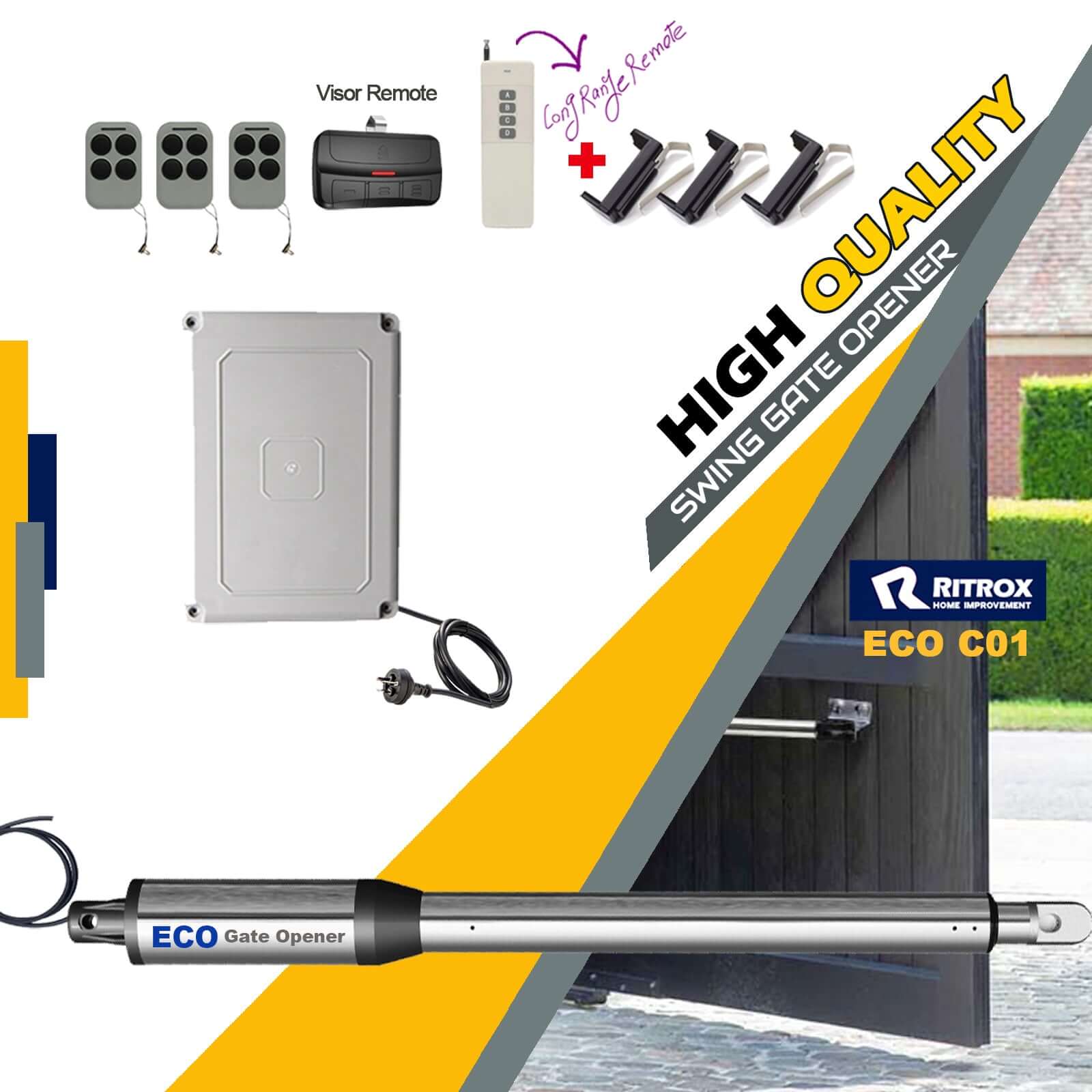 RITROX ECO electric single swing gate opener with accessories, including remote controls and control box, for gates up to 3m wide.