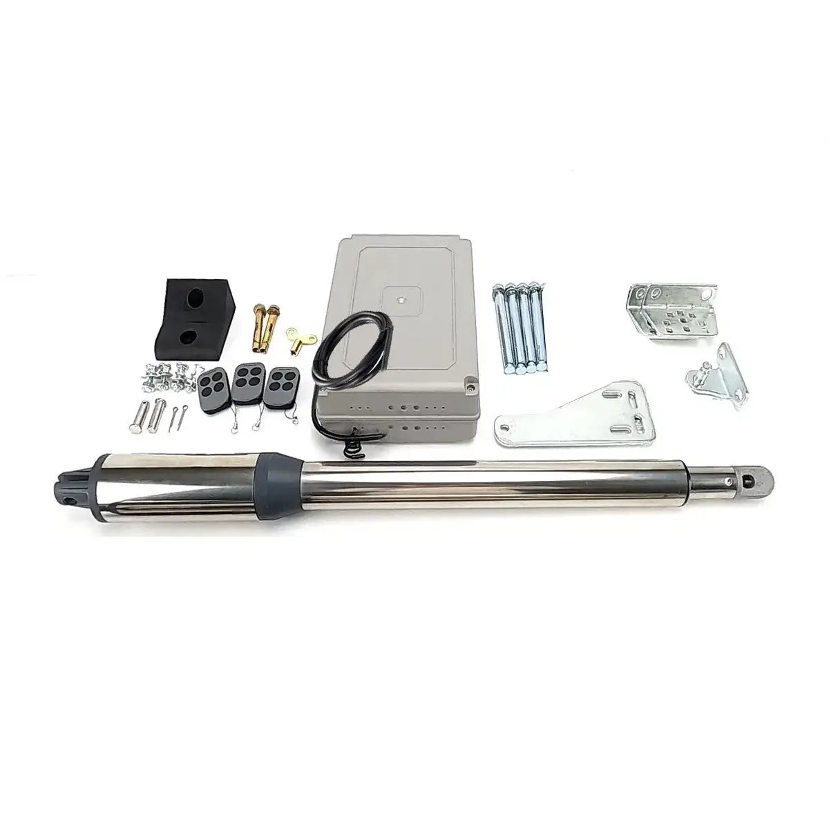 RITROX ECO Electric Single Swing Gate Opener with swing arm, control box, and remote controls for gates up to 3m wide.