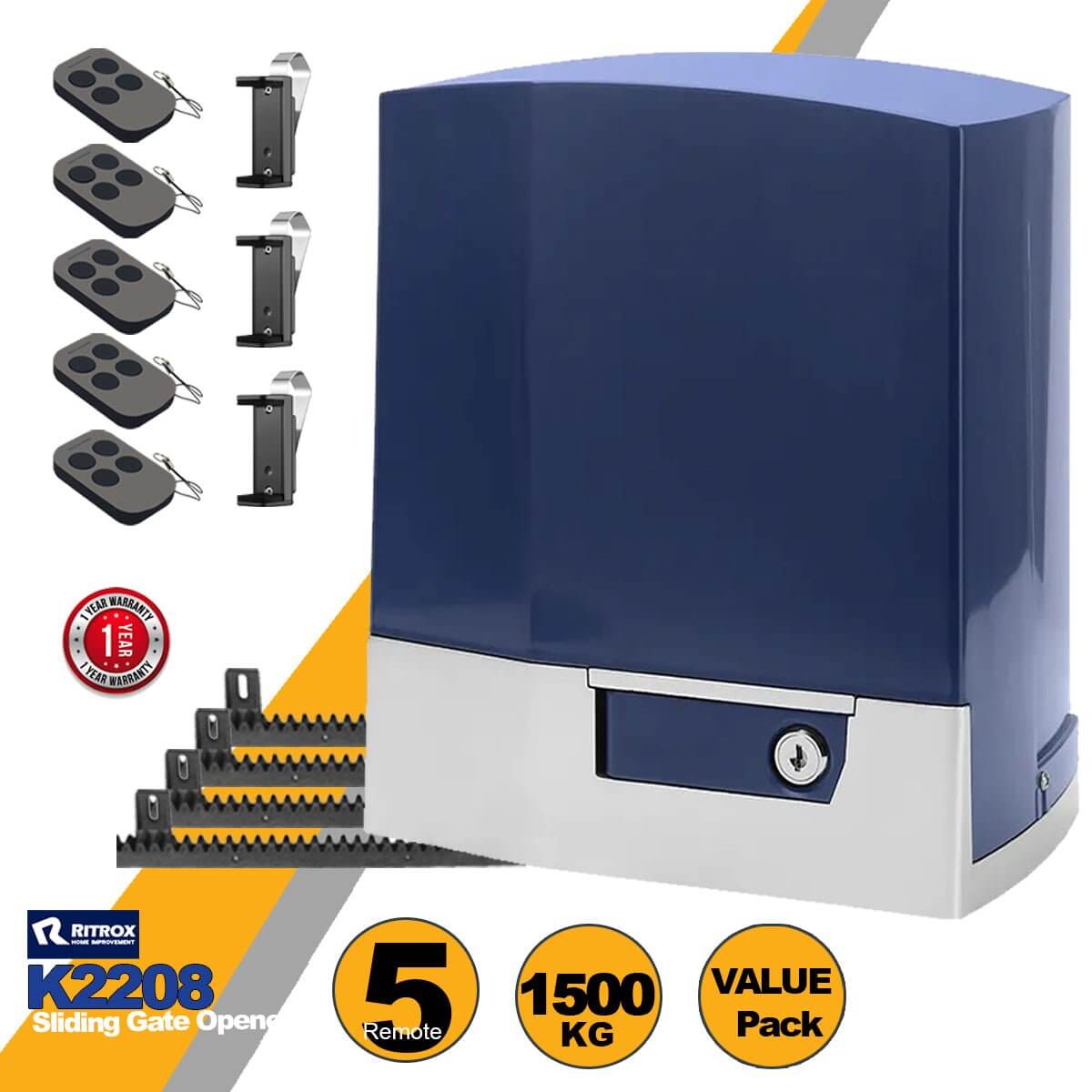 RITROX K2208 Sliding Gate Opener Motor AC 1500kg – 5 Remotes, Suits 4–8m Gates