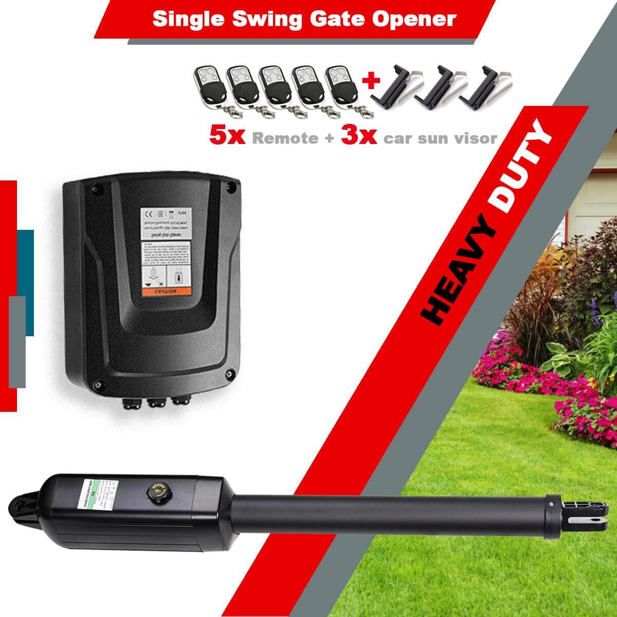 RITROX RX1101 Single Swing Gate Opener with 5 remotes, weather-resistant design, and heavy-duty aluminium arm. Garageway suitable.