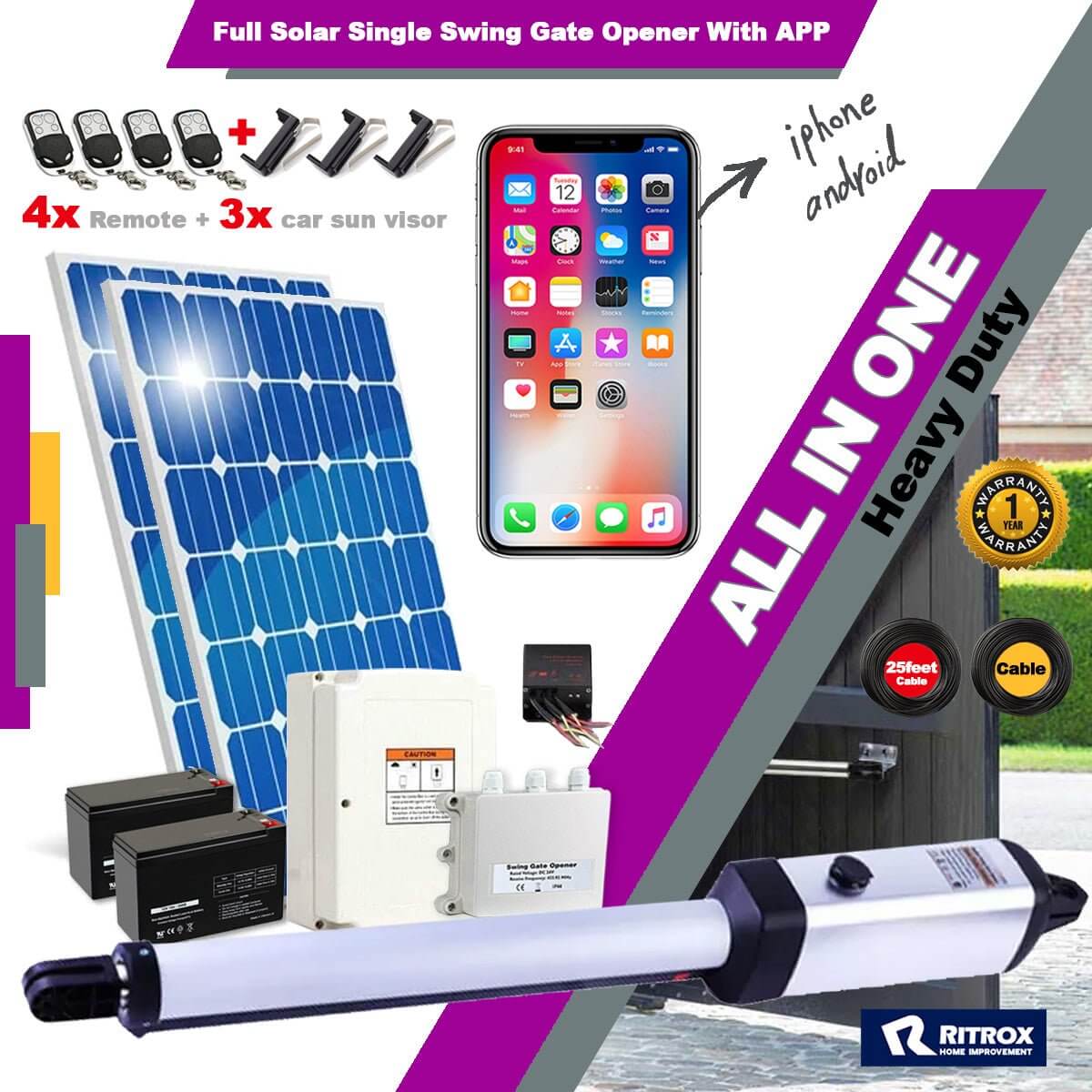 RITROX RX365S Solar Single Swing Gate Opener with Bluetooth Receiver – iPhone & Android App Control