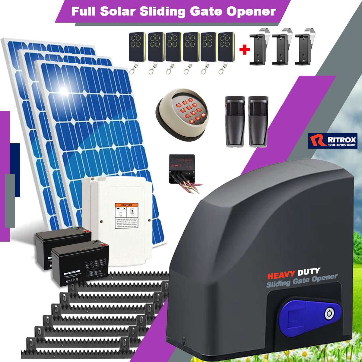 Ritrox RX500T Full Solar Sliding Gate Opener Motor - Garageway.com.au