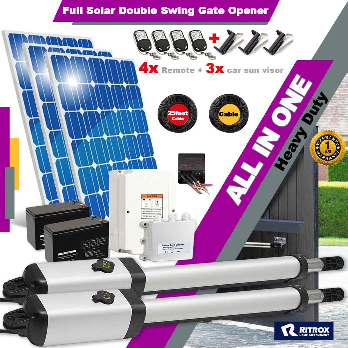 RITROX RXD365S Full Solar Double Gate Opener - Garageway.com.au