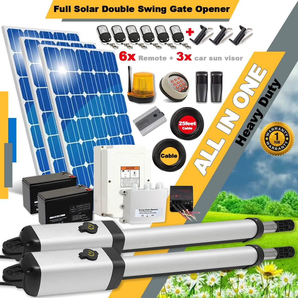 Ritrox RXD365S solar gate opener with heavy-duty swing arms, solar panels, control box, and batteries for garageway security.
