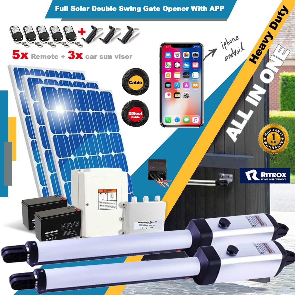 RITROX RXD365S Solar Double Gate Opener – App-Controlled via Bluetooth Receiver (iPhone/Android)