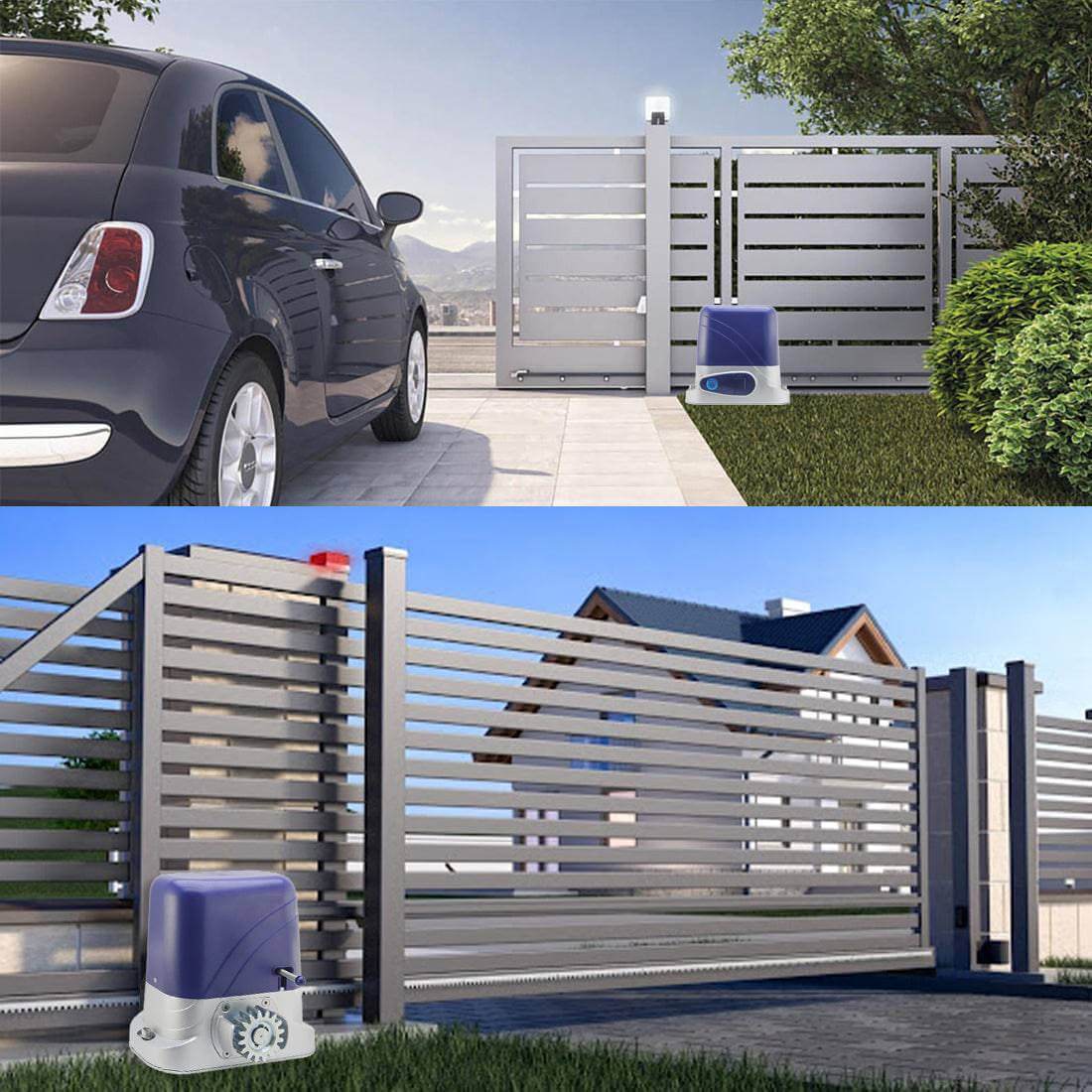 RITROX AC Sliding Gate Opener Keypad installed at modern home gate with car parked nearby, showcasing security and convenience.