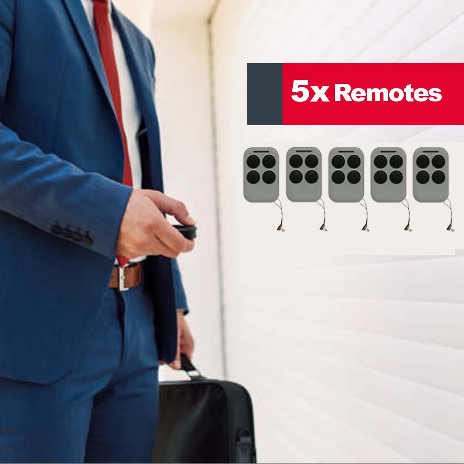 Businessman holding remote for RITROX AC Sliding Gate Opener, featuring 5 remote controls, ideal for Garageway systems.