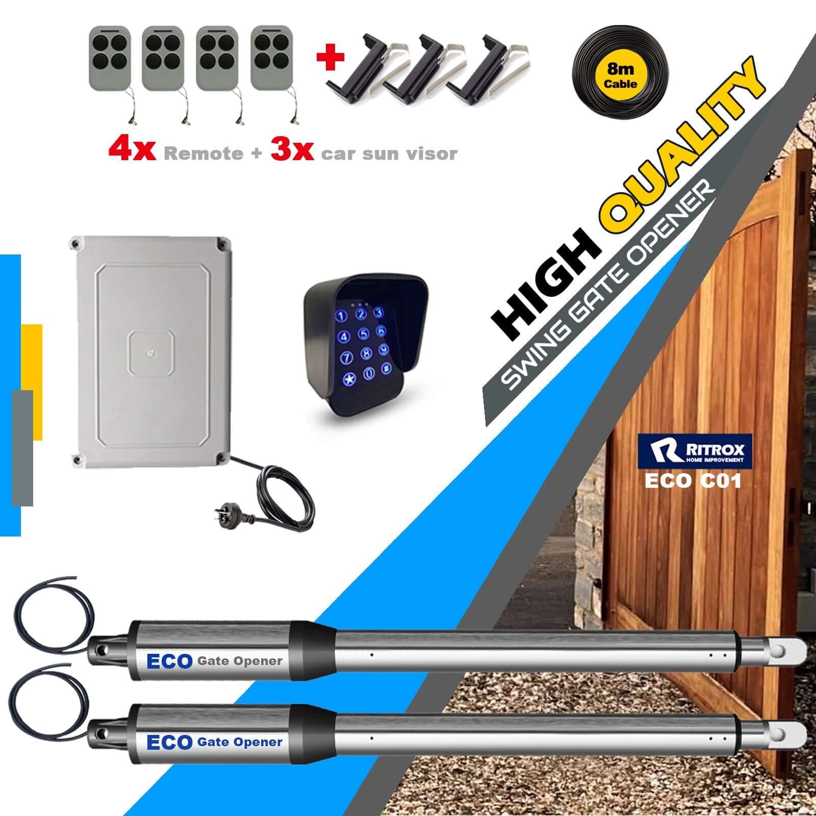 RITROX ECO Double Swing Gate Opener with remotes, control box, and aluminium arms, ideal for garageway gates up to 5m wide.