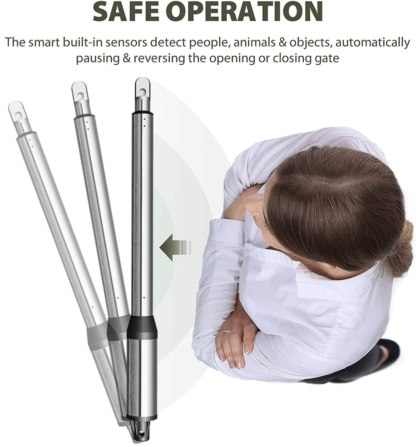 RITROX ECO Double Swing Gate Opener demonstrating safe operation with automatic sensors for people and object detection.