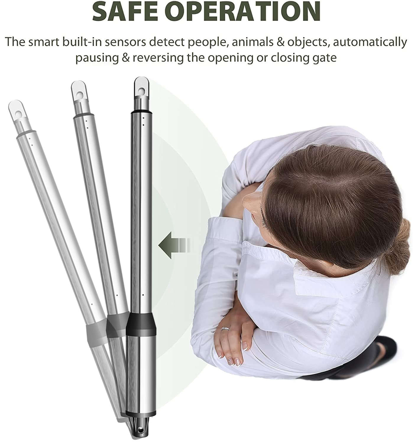 Illustration of RITROX swing gate opener motor with automatic reversal for safety, featuring built-in sensors and a protective arm.
