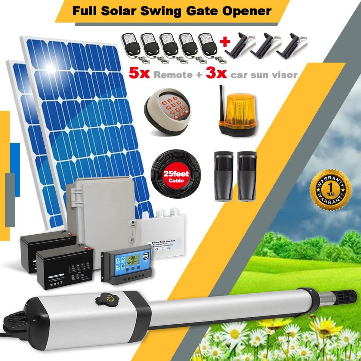 Ritrox Farm Full Solar RX365S Gate Opener with solar panels, remotes, and accessories for single gates up to 5.5m. Garageway.