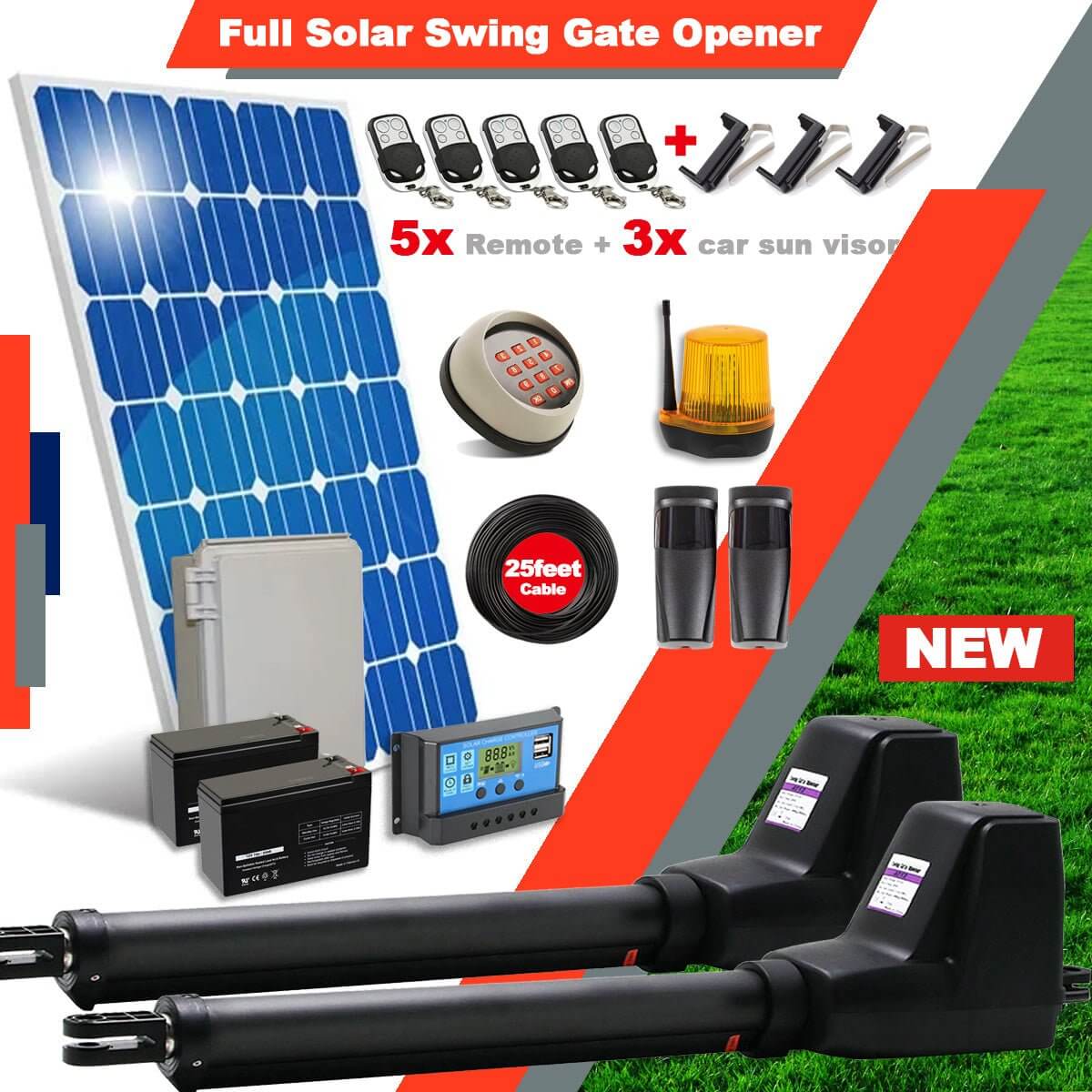 Ritrox Farm RX602 Full Solar Double Swing Gate Opener with remotes, solar panel, control box, and accessories for gates up to 5.5m.