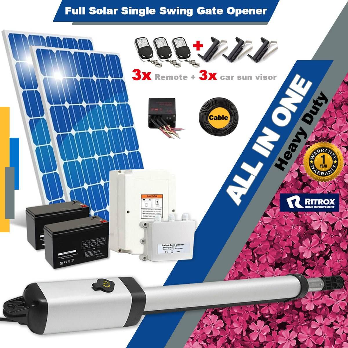 Ritrox Solar RX365S Gate Opener Kit with solar panels, accessories, swing arm, Garageway product, full solar, remote controls