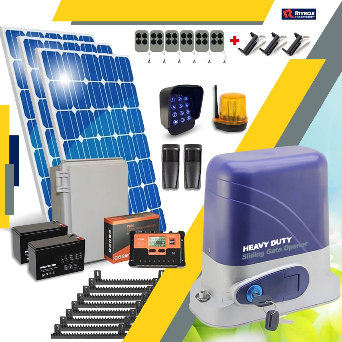 RITROX Full Solar Sliding Gate Opener Motor with accessories including wireless keypad, remote controls, and solar panels.