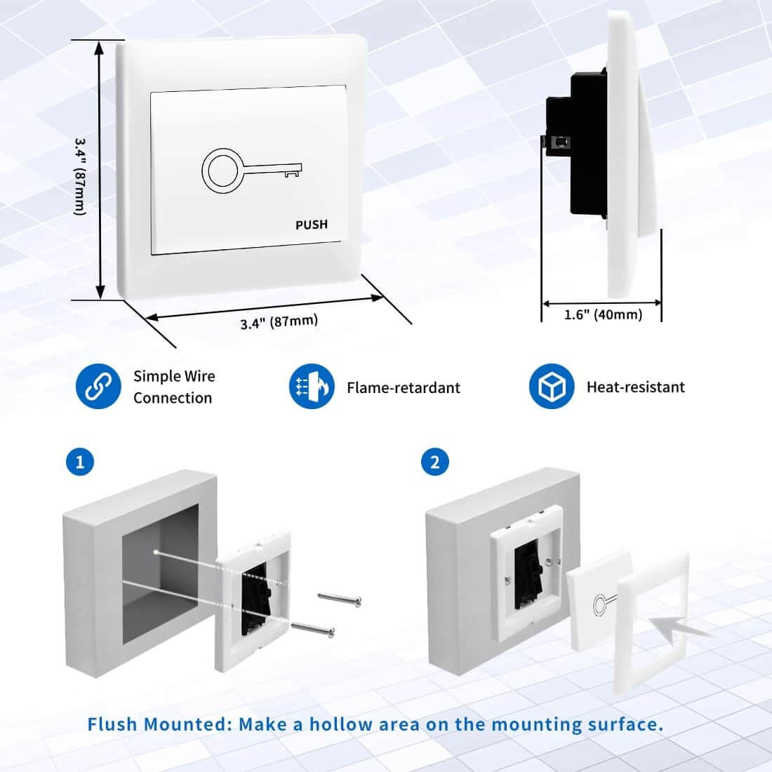Ritrox Lockmaster LM147 wired push button switch, dimensions, installation guide, flame-retardant and heat-resistant features.