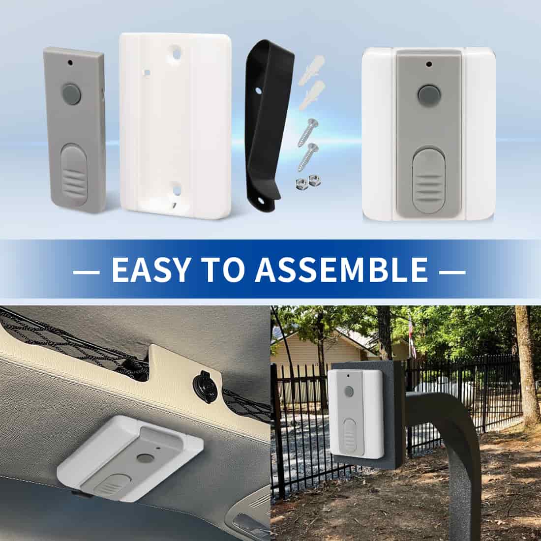 Ritrox Lockmaster LM173 wireless push button for gates with easy assembly shown in various mounting scenarios, ideal for Garageway.