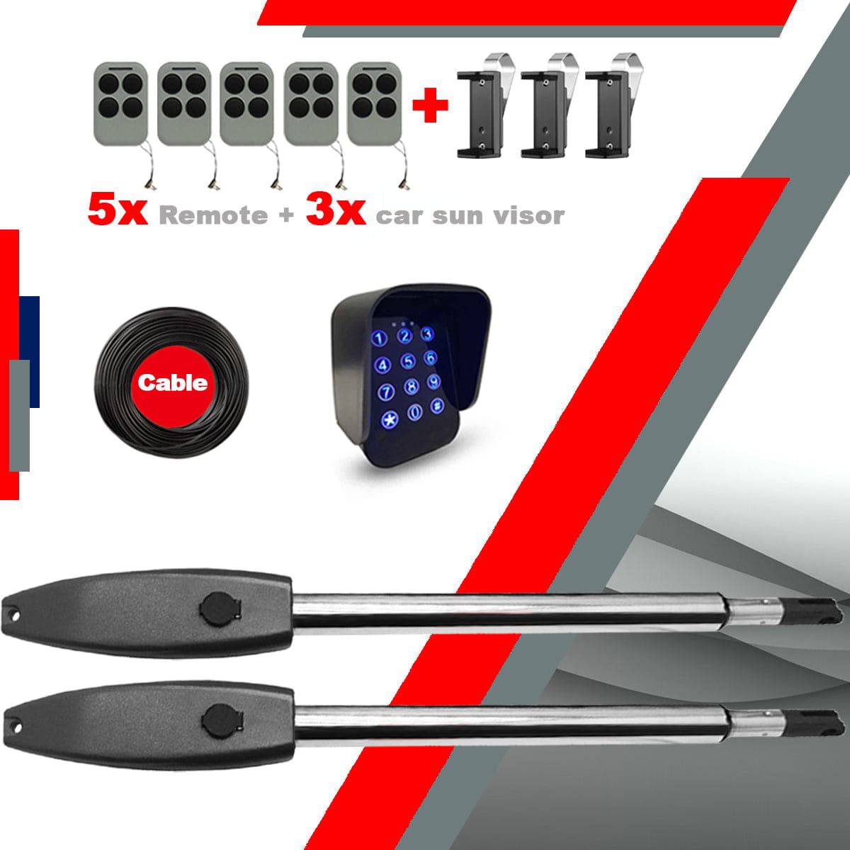 RITROX LUX Swing Gate Opener Kit with 5 Remotes and 3 Car Sun Visors, ideal for garageway installations.