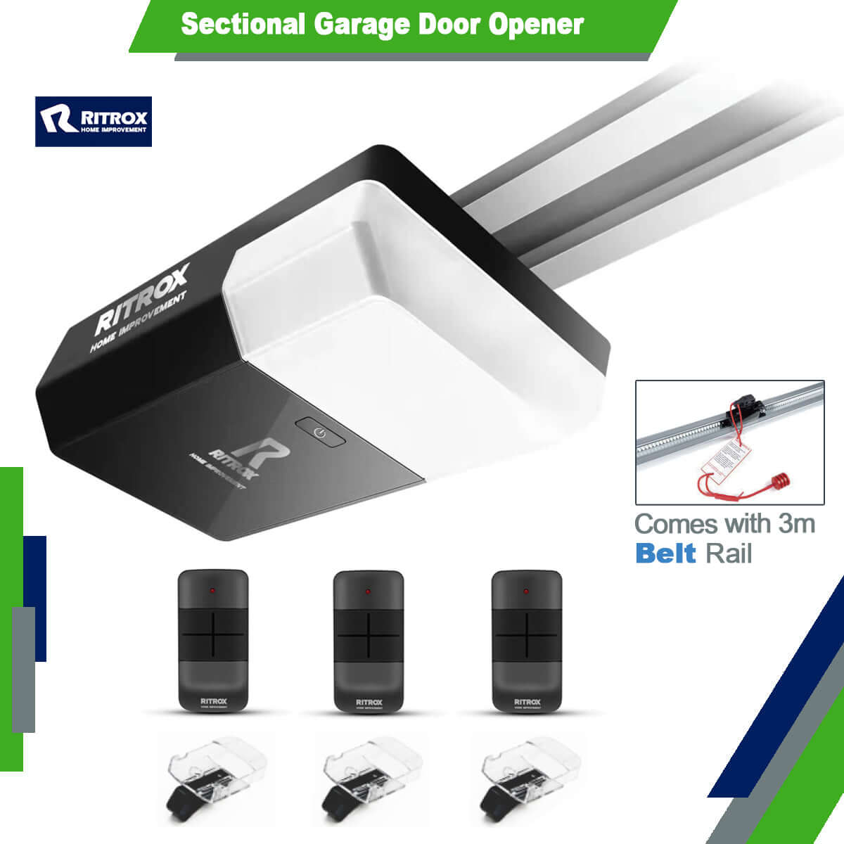 RITROX RX-1200P garage door opener with 3m belt rail, replacement for Merlin MT5580, Garageway branded sectional garage door motor