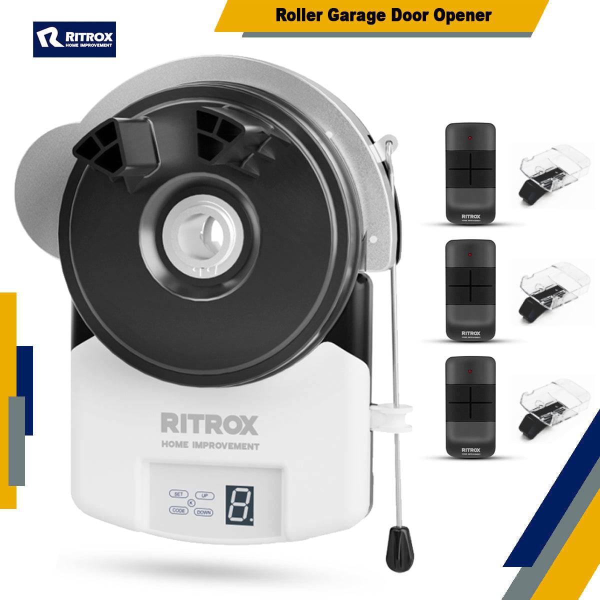 RITROX RX-1000p roller garage door opener motor with remote controls and accessories, featuring Garageway technology.