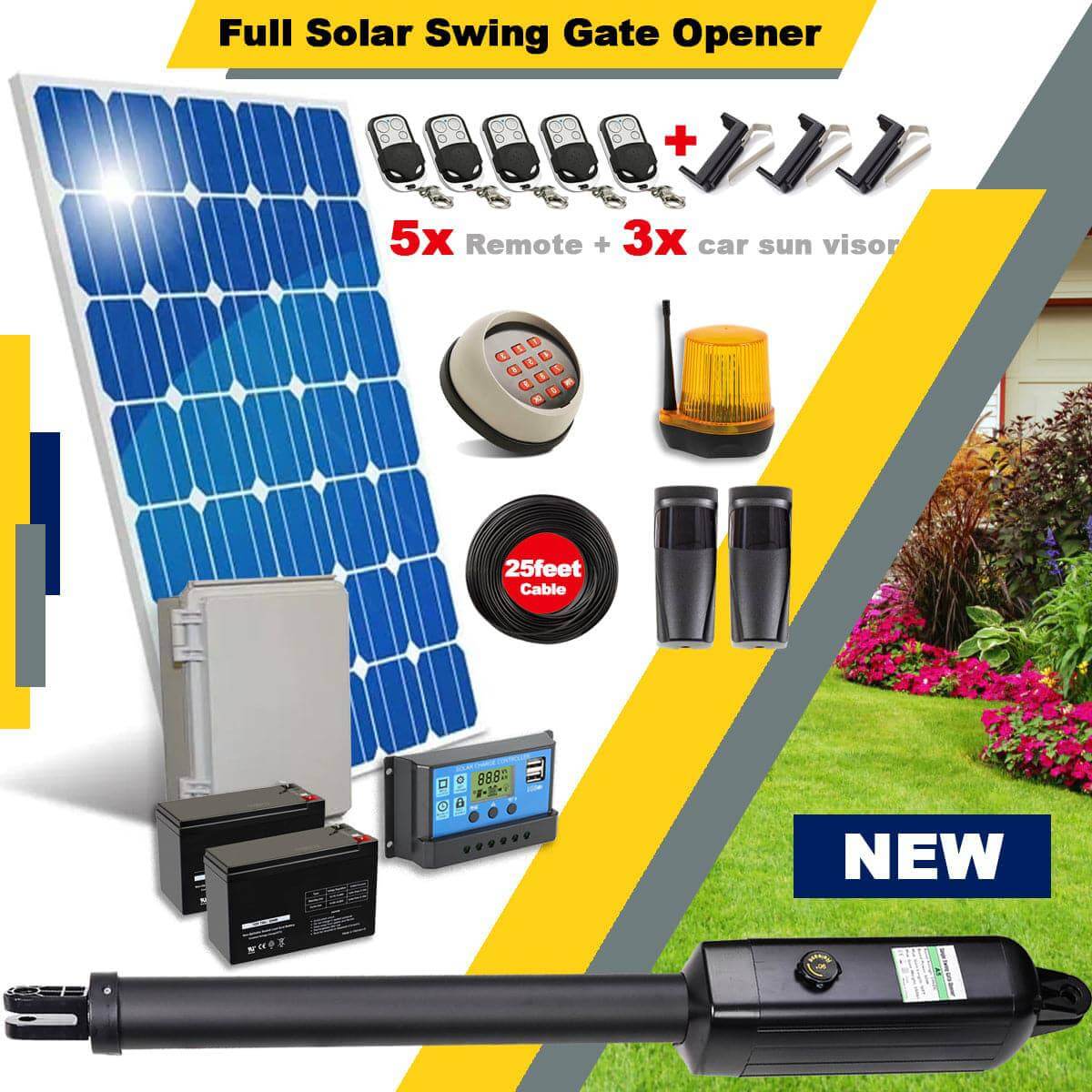 RITROX RX1101 solar gate opener, 500kg capacity, 5m width, includes 5 remotes, waterproof control box, Garageway compatible