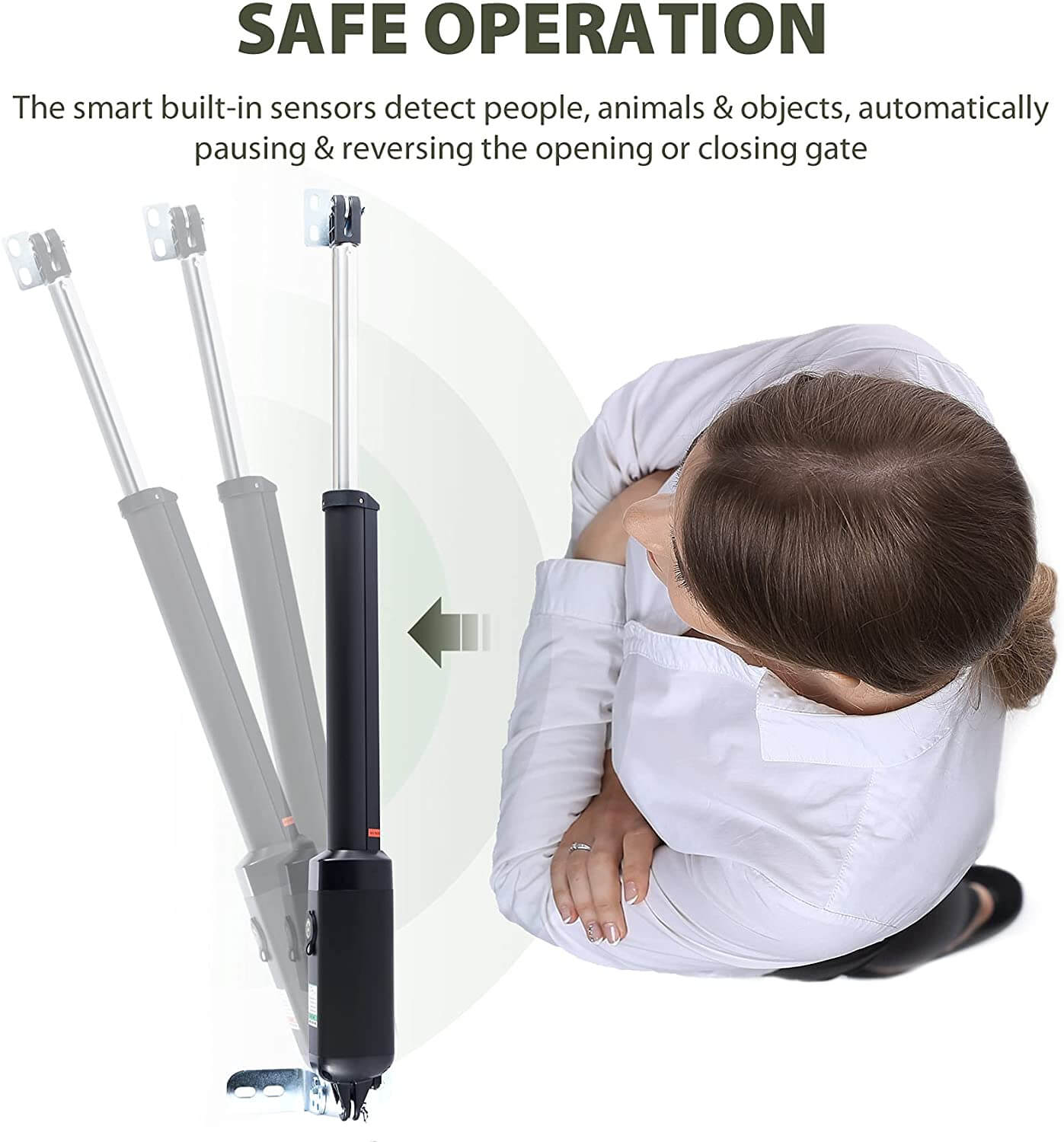 Safety feature of RITROX RX1101 solar gate opener with obstruction detection, showing a woman and the automated pause or reverse mode.