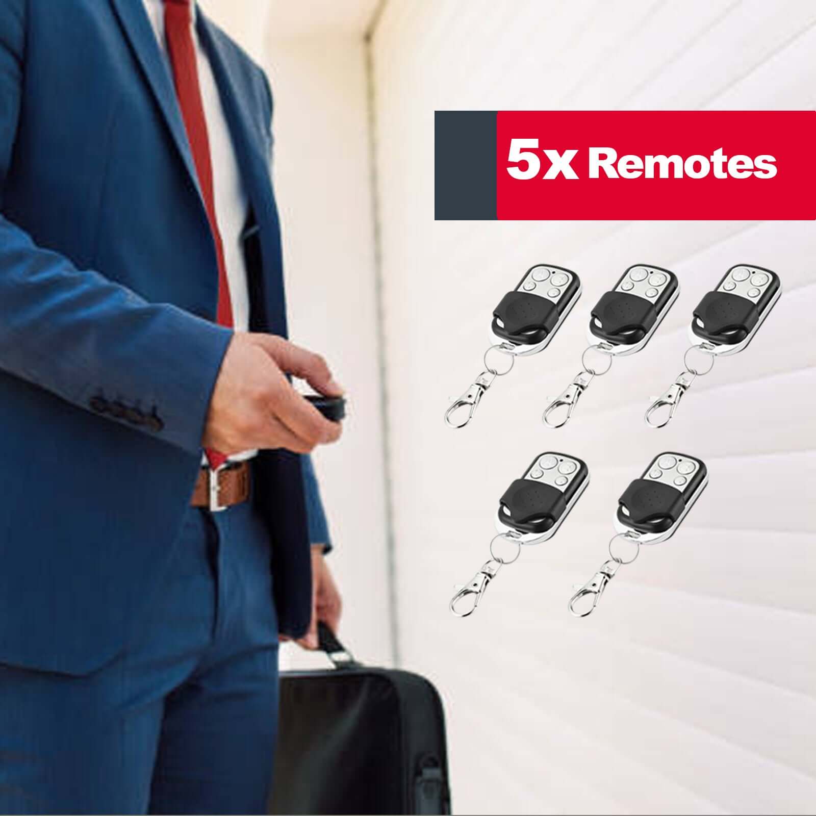 Man using garage remote with five additional remotes shown, featuring RITROX RX1101 Gate Opener's control capabilities.