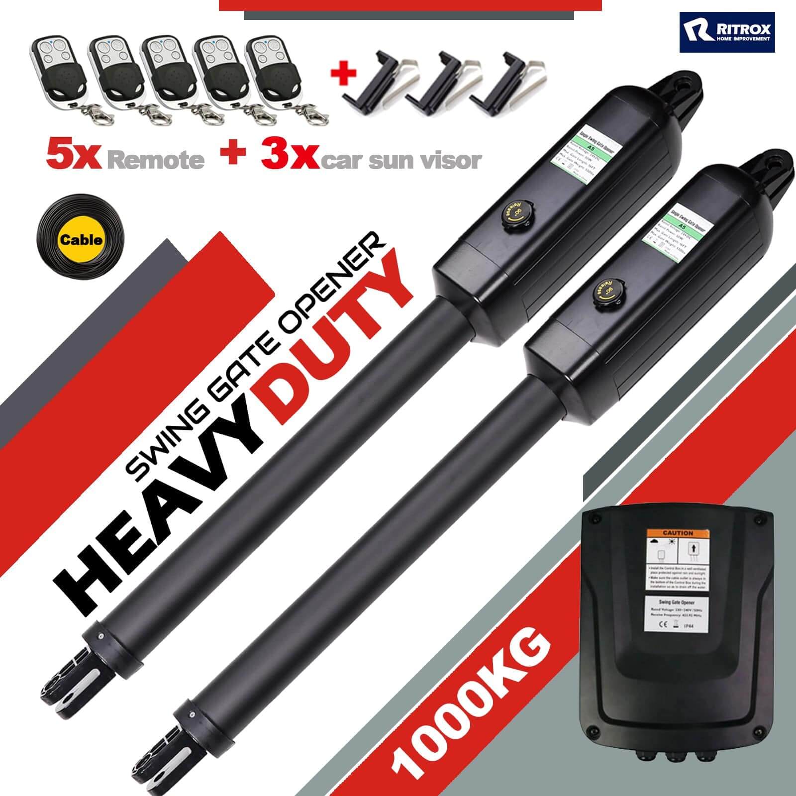 RITROX RX1102 Double Swing Gate Opener with 5 Remotes, Heavy Duty 1000kg Capacity, Garageway Automation Kit