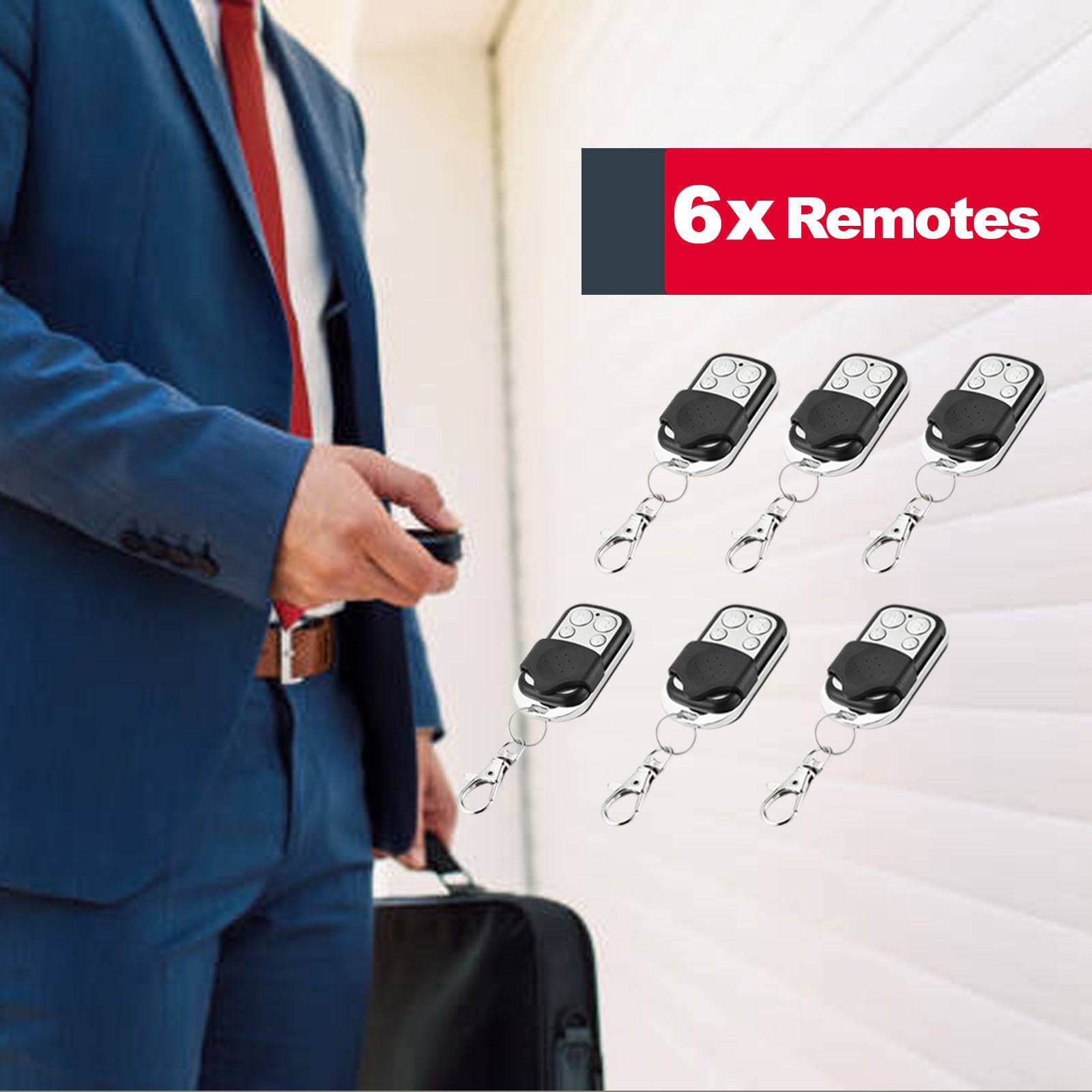 Business person with RITROX RX1102 garage opener remote and six remotes displayed, ideal for controlling solar gate opener systems.