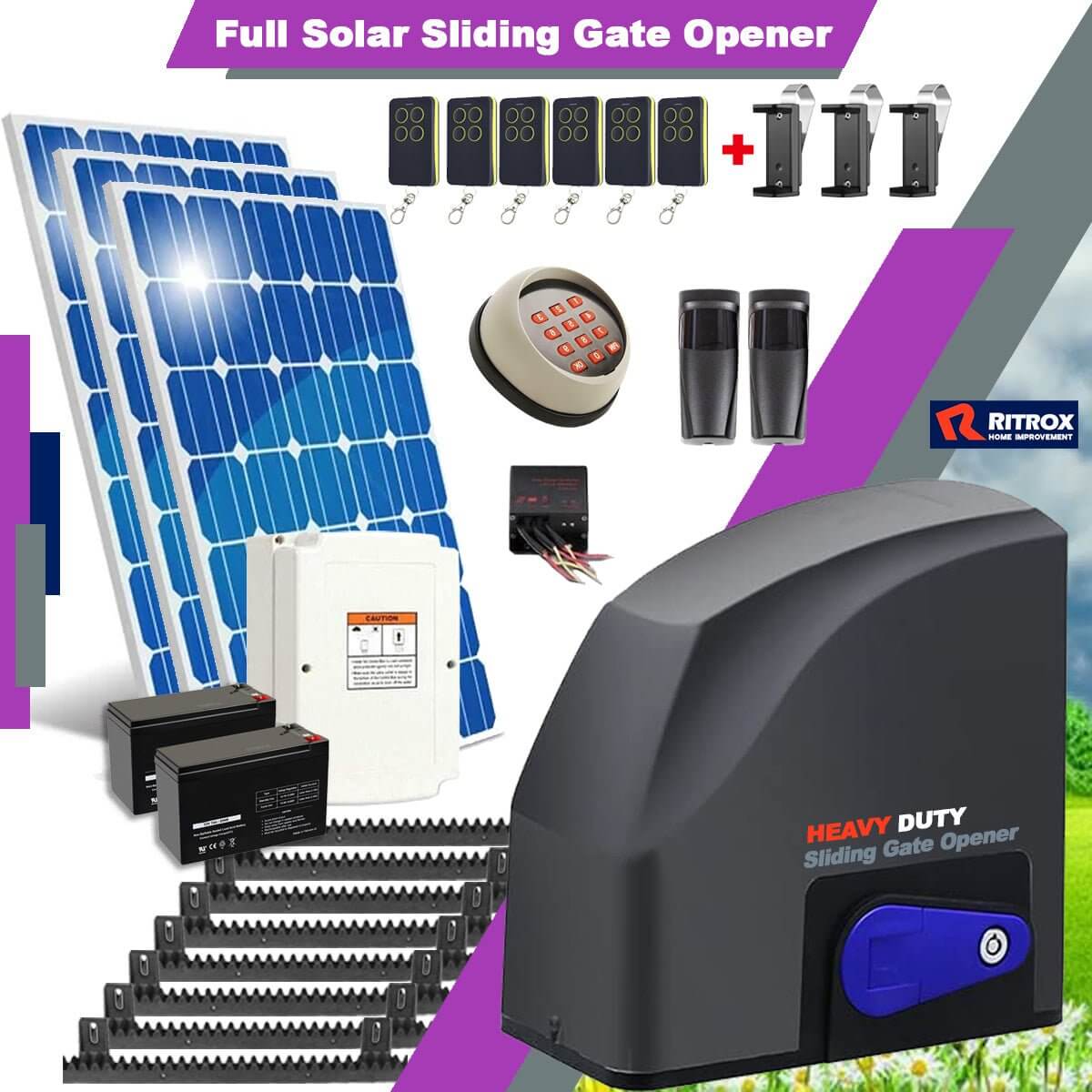 Ritrox RX500T Solar Sliding Gate Opener with Remotes, Keypad, Solar Panels, and Battery Backup for Garageway