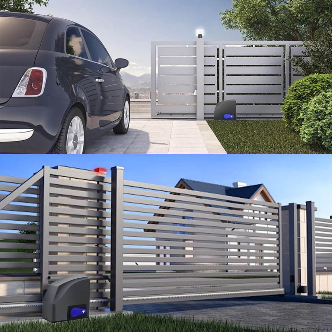 Ritrox RX500T solar sliding gate opener motor with car and house, showcasing automatic gate operation for garageway.