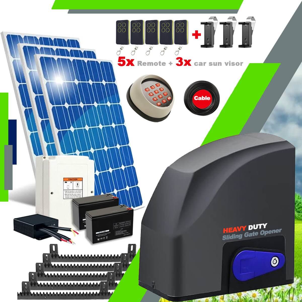 Ritrox RX500T Solar Sliding Gate Opener with remote, keypad, solar panels, and accessories for Garageway.