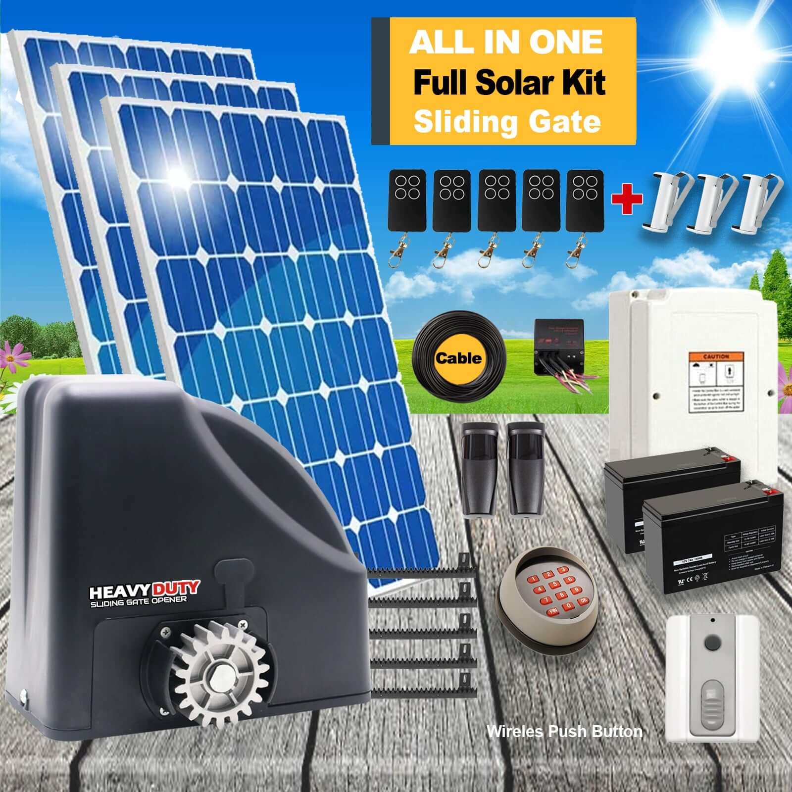 Ritrox RX500T solar sliding gate opener with remote controls, solar panels, batteries, and keypad in a garden setting.