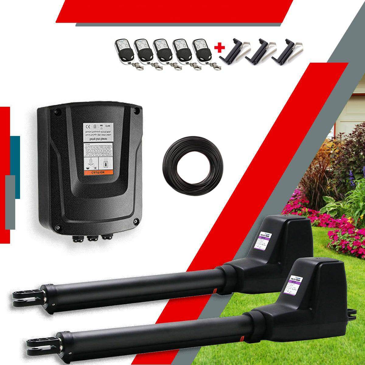 Ritrox RX602 Electric Swing Gate Opener with remote controls and installation hardware, ideal for double garageway gates.