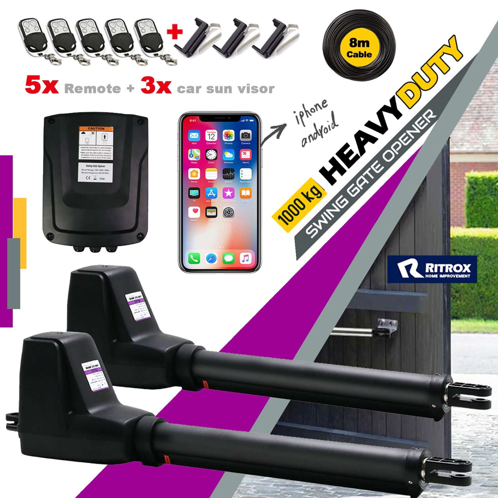 RITROX RX602 Swing Gate Opener with Bluetooth, app control, heavy-duty swing arms, and accessories for double gates.